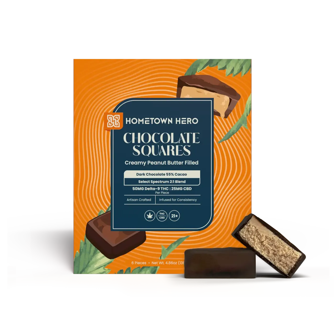 Hometown Hero Dark Chocolate Peanut Butter Squares 50mg D9/Pc 25mg CBD/Pc 6ct
