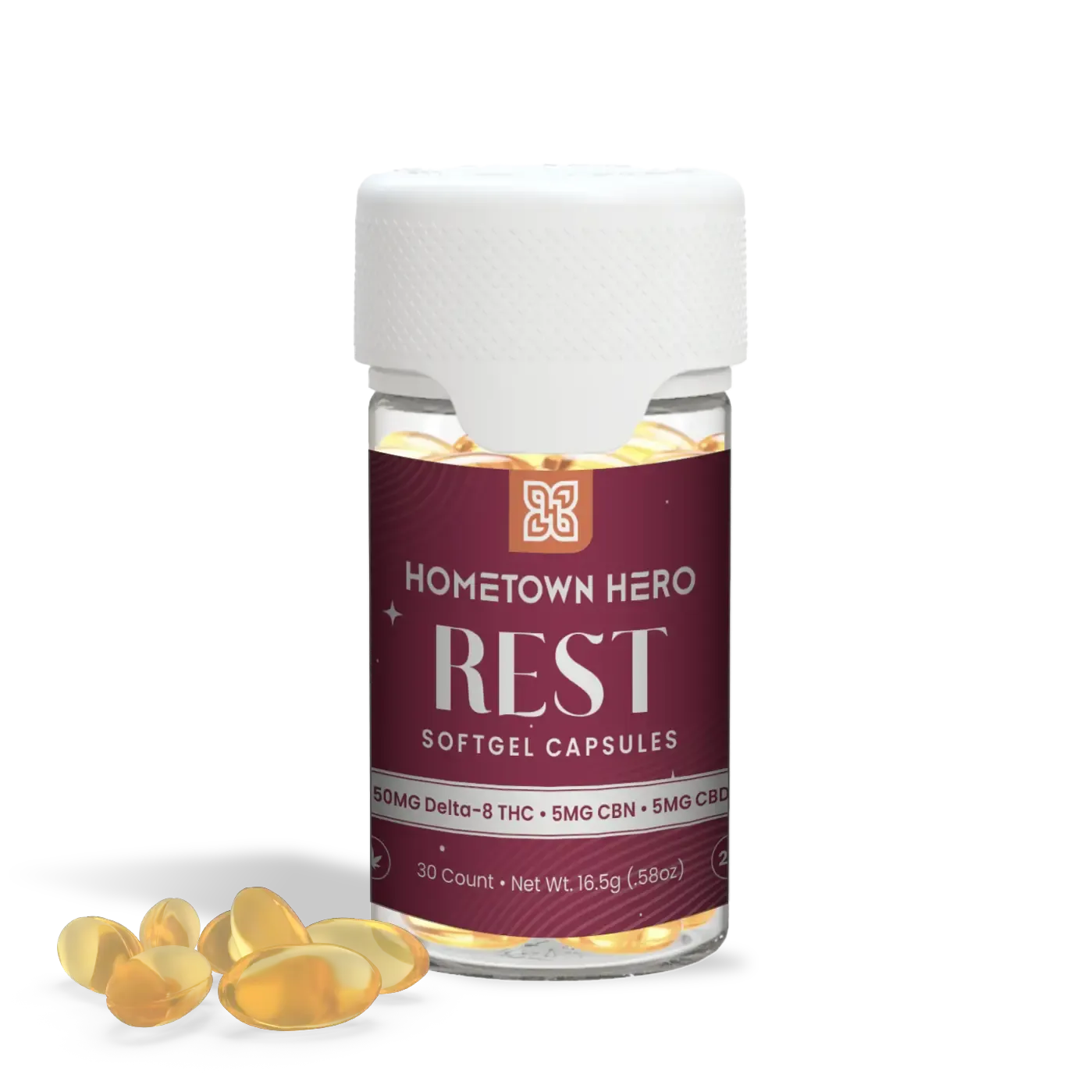 Hometown Hero | REST Softgel Capsules - 50mg Delta-8 THC - 5mg CBN - 5mg CBD