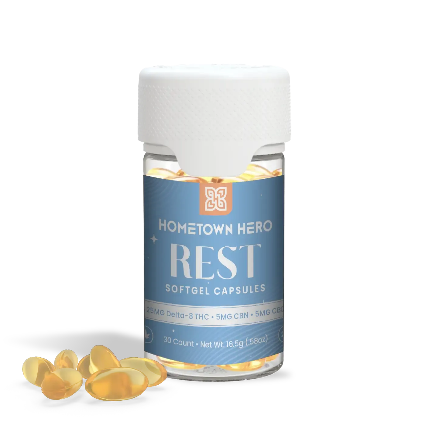 Hometown Hero | REST Softgel Capsules - 25mg Delta-8 THC - 5mg CBN - 5mg CBD