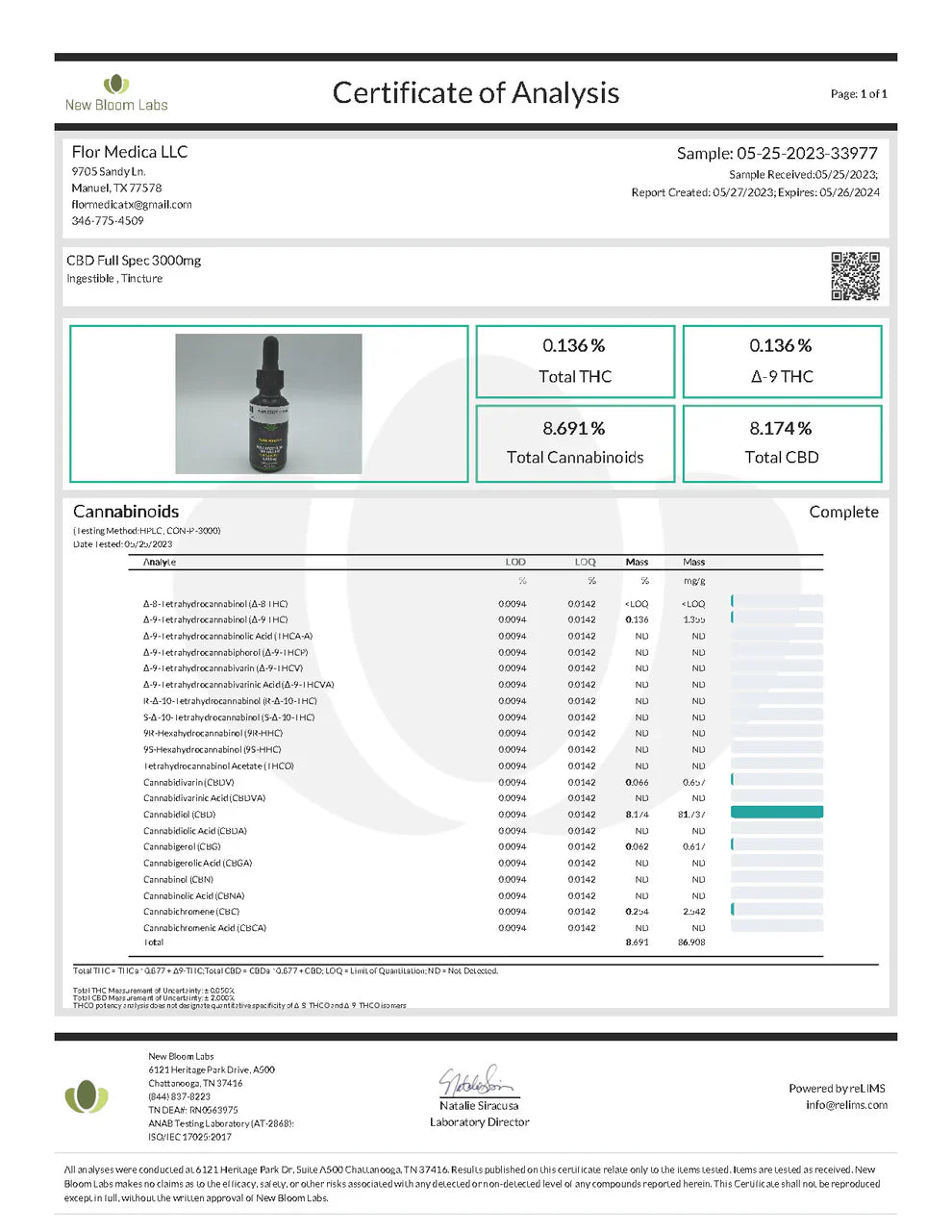 Flor Medica Full Spectrum CBD Tincture 3,000MG- Unflavored