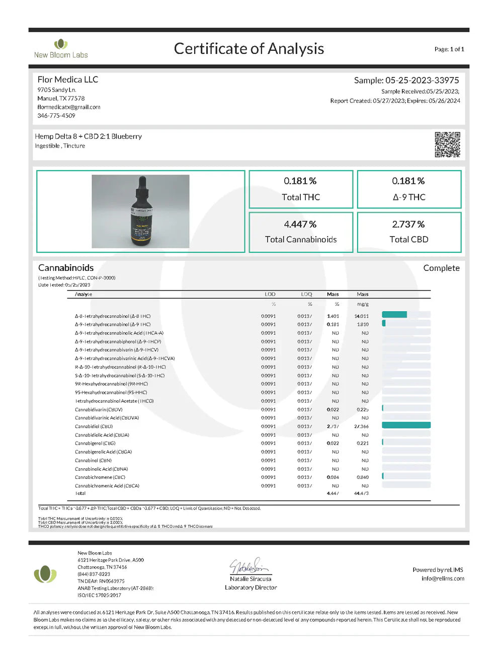 Flor Medica Full Spectrum Hemp Delta-8+CBD 2:1 Blueberry + Linalool 45mg/ml 60ml