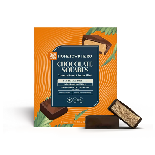 Hometown Hero Dark Chocolate Peanut Butter Squares 50mg D9/Pc 25mg CBD/Pc 6ct